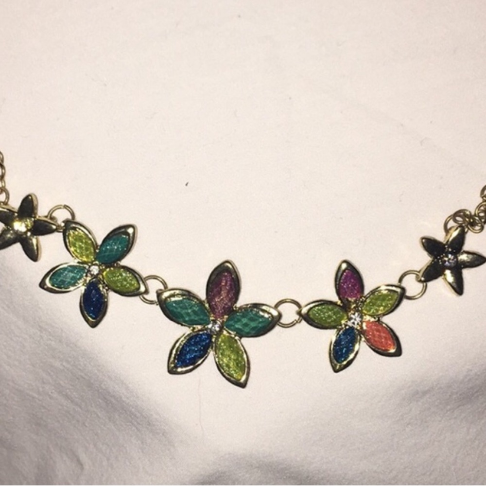 Gold Toned Chain 5 Enameled Floral Multicolor w/ Rhinestones Necklace